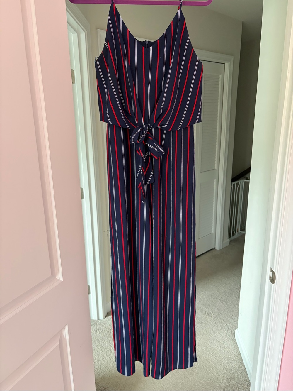 Monteau Navy Jumpsuit with Red & White Stripes